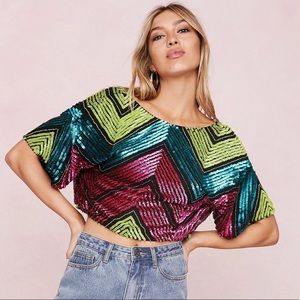 NWT Nasty Gal Rainbow Sequin Short Sleeve Crop Top